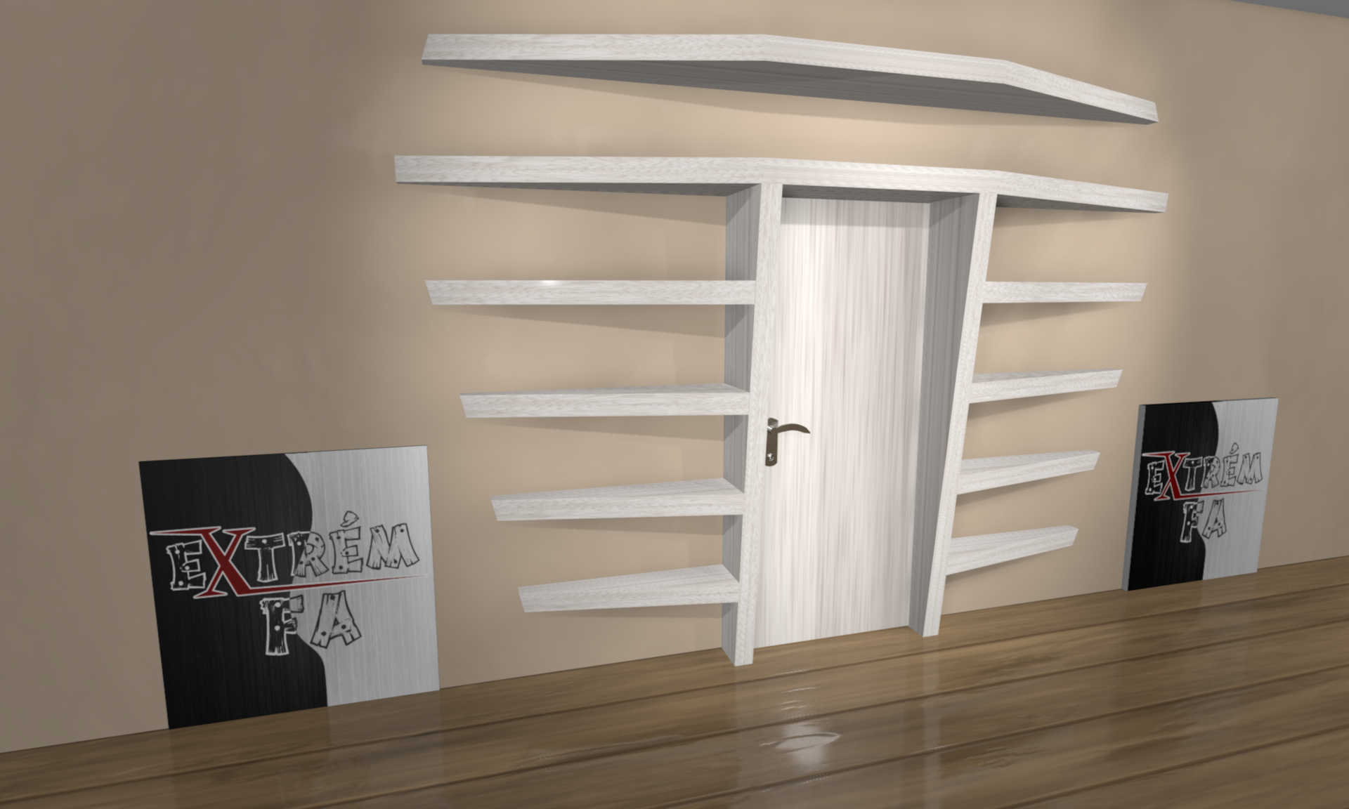 3D - ExtrémFa formájú könyvespolc rendszer látványterv ajtó köré Fehér fa erezetes