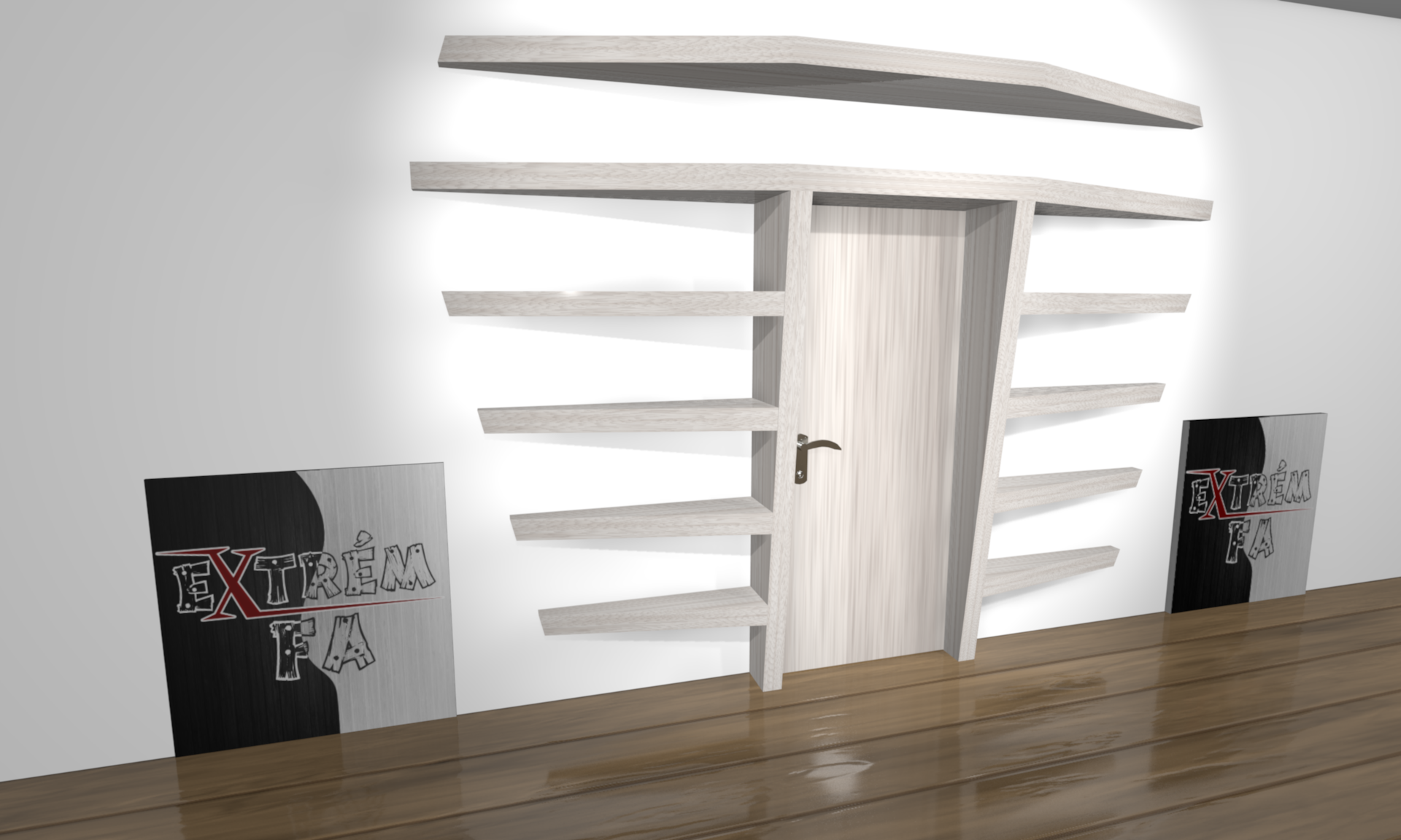 3D - ExtrémFa formájú könyvespolc rendszer látványterv ajtó köré