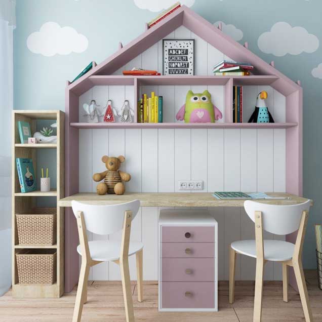 Ház formájú gyerek íróasztal és polc - rózsaszín